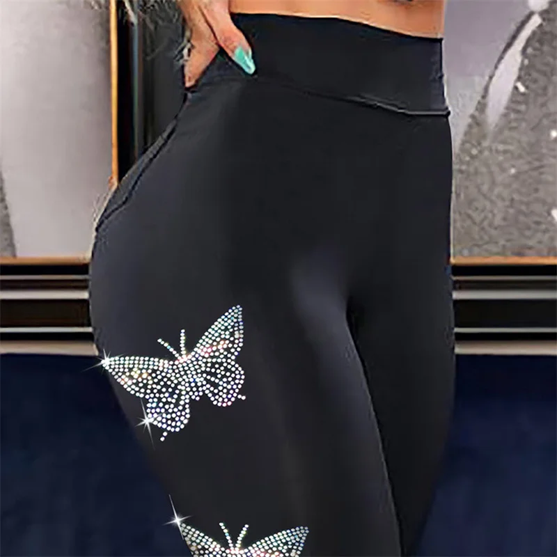 

Rhinestone Butterfly Pattern High Waist Skinny Pants Personality Europe and America Fashion Women's Clothing