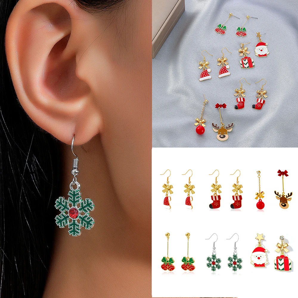 

Lovely Christmas Gift Pendant Earrings Jewelry For Women Girls Fashion Bell Hat Elk Bow Ear Hooks Christmas Gifts For Children