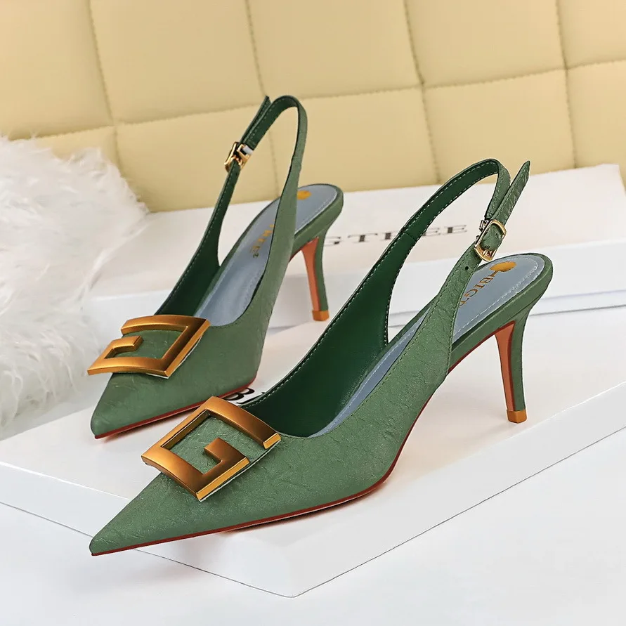 

Plus Size Elegant Solid Party Thin High Heels Shoes Women Buckle Pointed Toe Open Back Metal Square Button Ladies Pumps Sandals