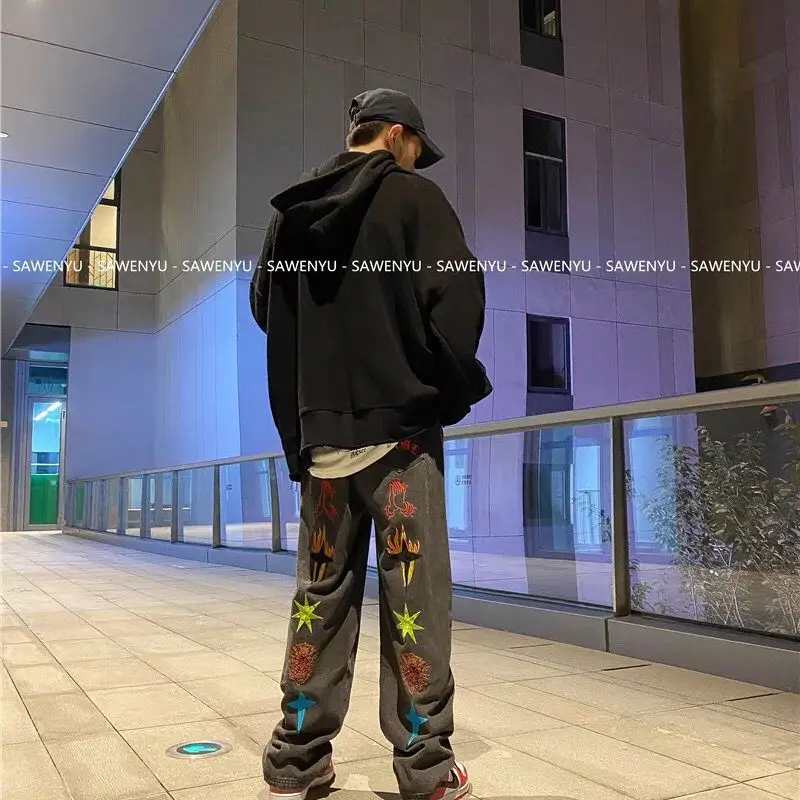 Y2K Printed Jeans Men Straight Trousers 2022spring New American Vintage High Street Hip-hop Style Casual Loose Wide-leg Trousers
