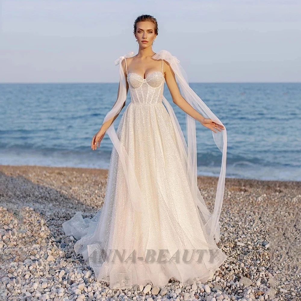 

Anna Bling Tulle Wedding Gown For Bride Sweetheart A Line Sleeveless Simple Lacing Up Spaghetti Strap Court Train Personalised