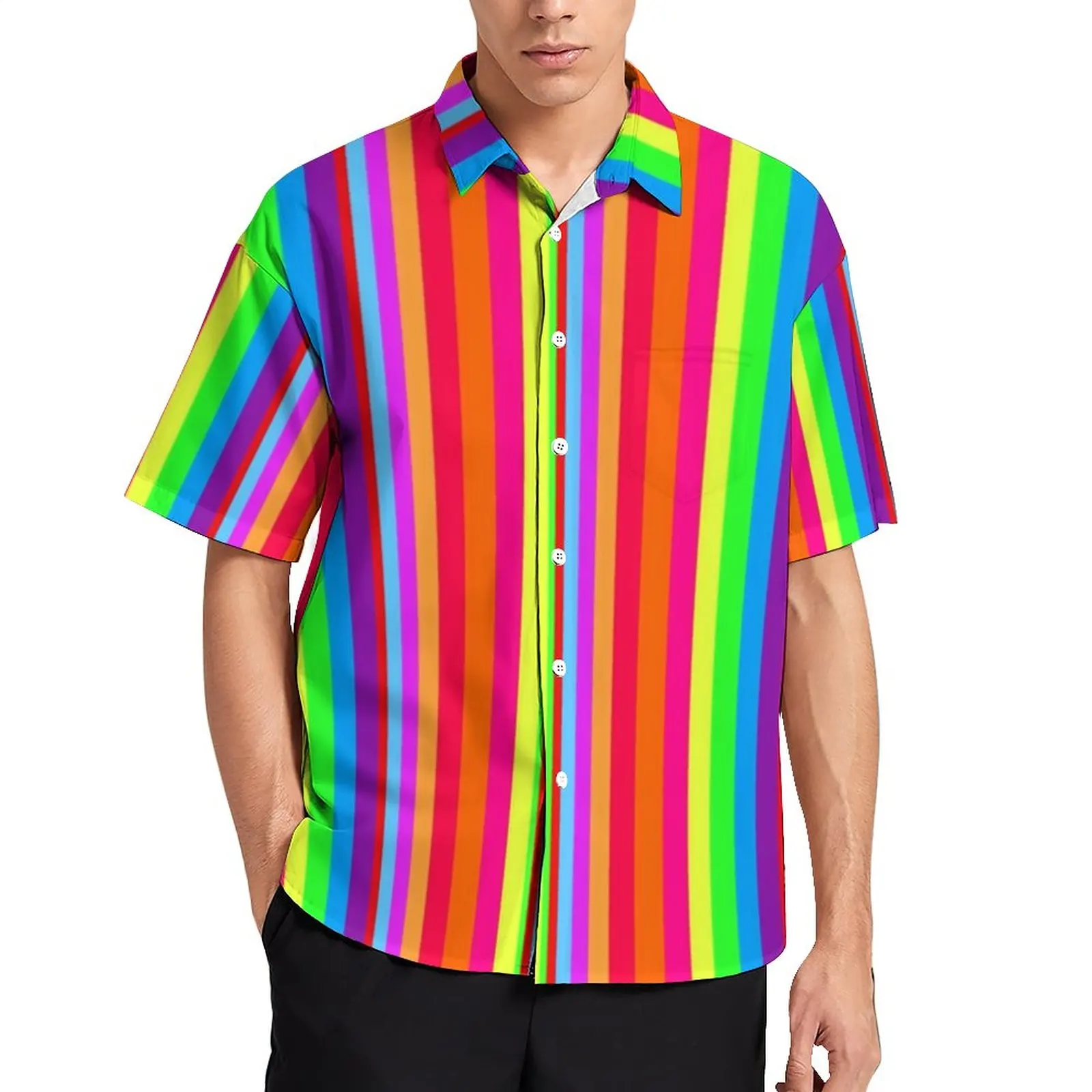 

Rainbow Stripes Daily Shirt Joyous Pride Colorful Pattern Casual Shirts Mens Harajuku Blouses Summer Short Sleeves