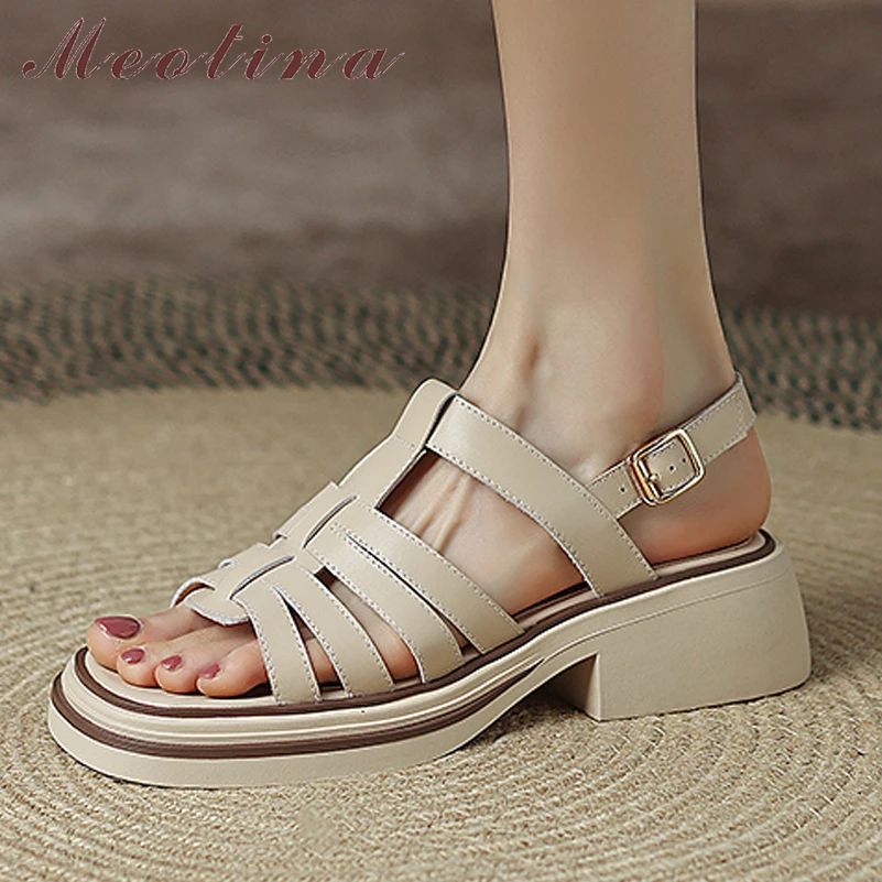 

Meotina Women Gladiator Genuine Leather Shoes Mid Heel Summer Square Toe Sandals Thick Heels Buckle Narrow Band Ladies Footwear