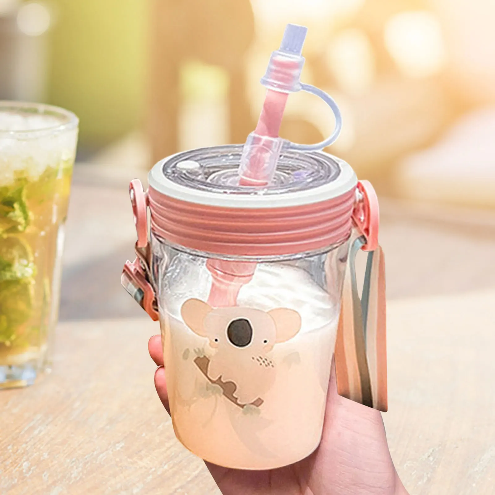 

550ml Water Cup With Straw Transparent Cartoon Water Bottle with Scale Portable Cute Animal Forest Straw Cup with Shoulder Strap