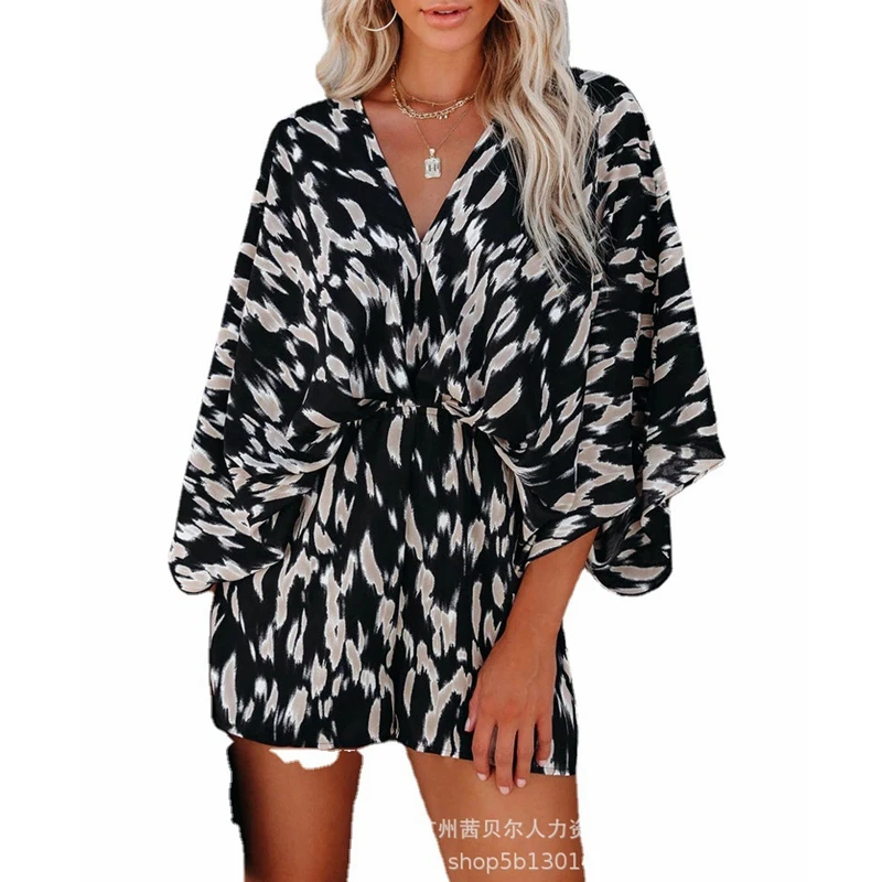 Summer Printed V-neck Backless Lace Up Playsuits Women Playsuits Women's Sexy Batwing Sleeve Loose High Waist Straight Playsuits