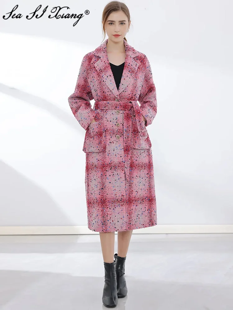 

Женское твидовое пальто Seasixiang, дизайнерское клетчатое пальто с длинным рукавом, однобортное пальто розового цвета с поясом и карманами, вер...
