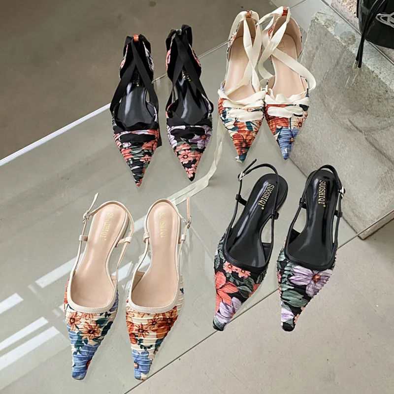 

2022 Summer New Flat Women Sandal Print Shoes Fashion Print Ladies Elegant Close Toe Slingback Pointed Toe Shallow Mules Sho