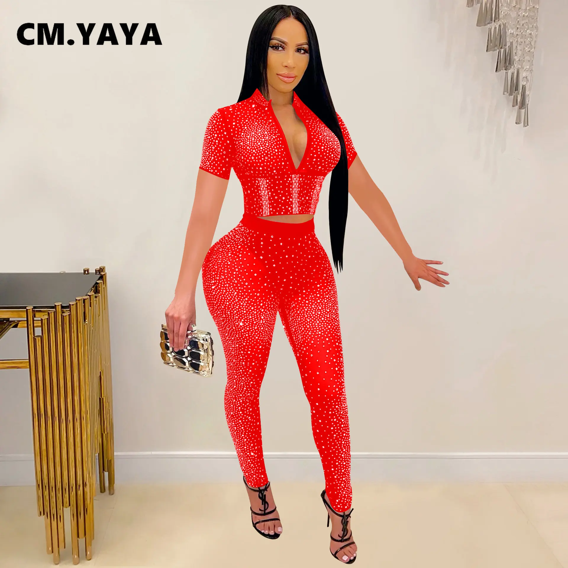 Женский комплект Стразы с бриллиантами CM.YAYA из двух предметов: топ на молнии