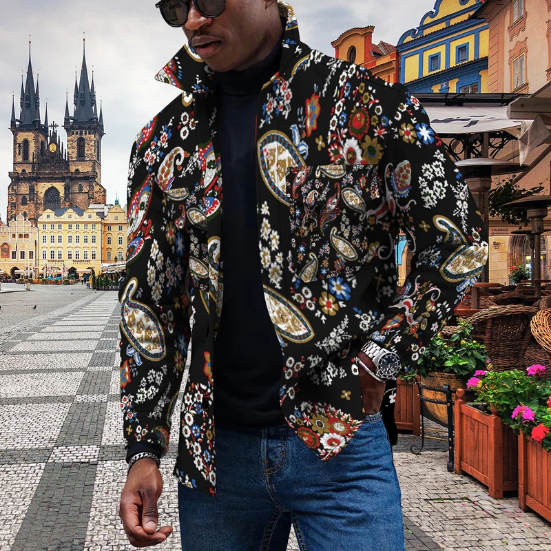 

Fashion Loose Button-down Lapel Mens Coats 2023 Spring Casual Long Sleeve Outerwear Vintage Pattern Print Men Jackets Streetwear