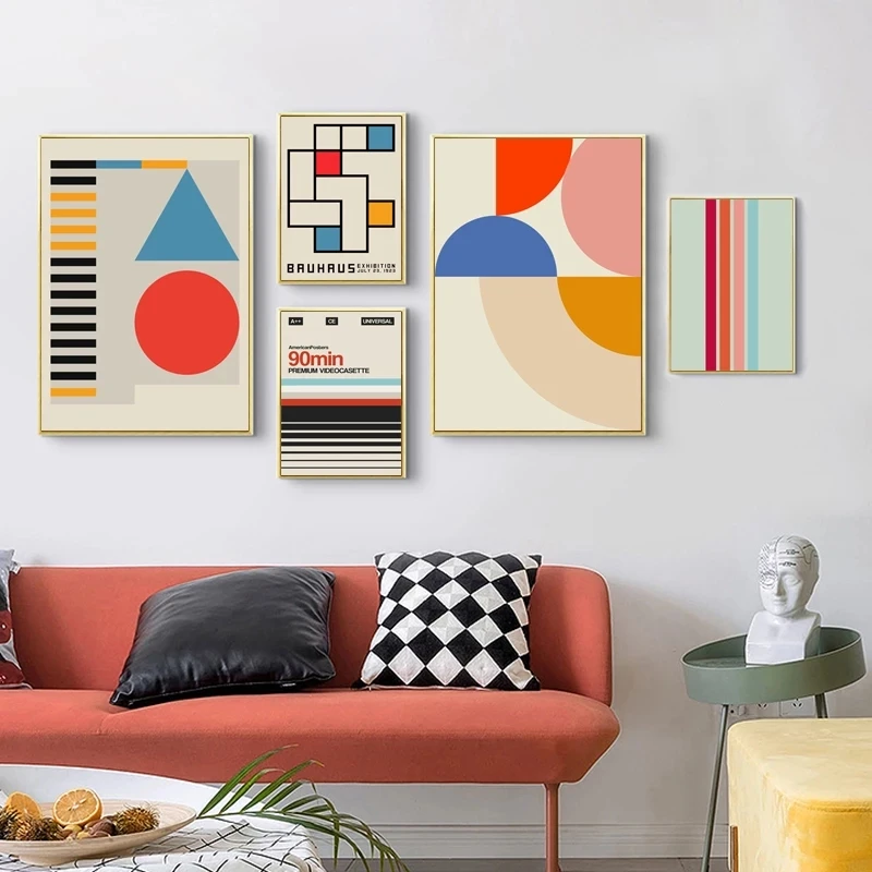 

Nordic Retro Geometric Bauhaus Exhibition Poster Abstract Line Canvas Painting Wall Art Print Picture for Living Room Home Decor