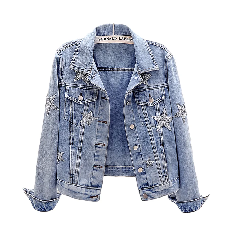 

Heavy Work Diamonds Star Denim Jacket Women Slim Short Cowboy Outwear Spring Autumn Vintage Blue Casual Jeans Jacket Coat Female