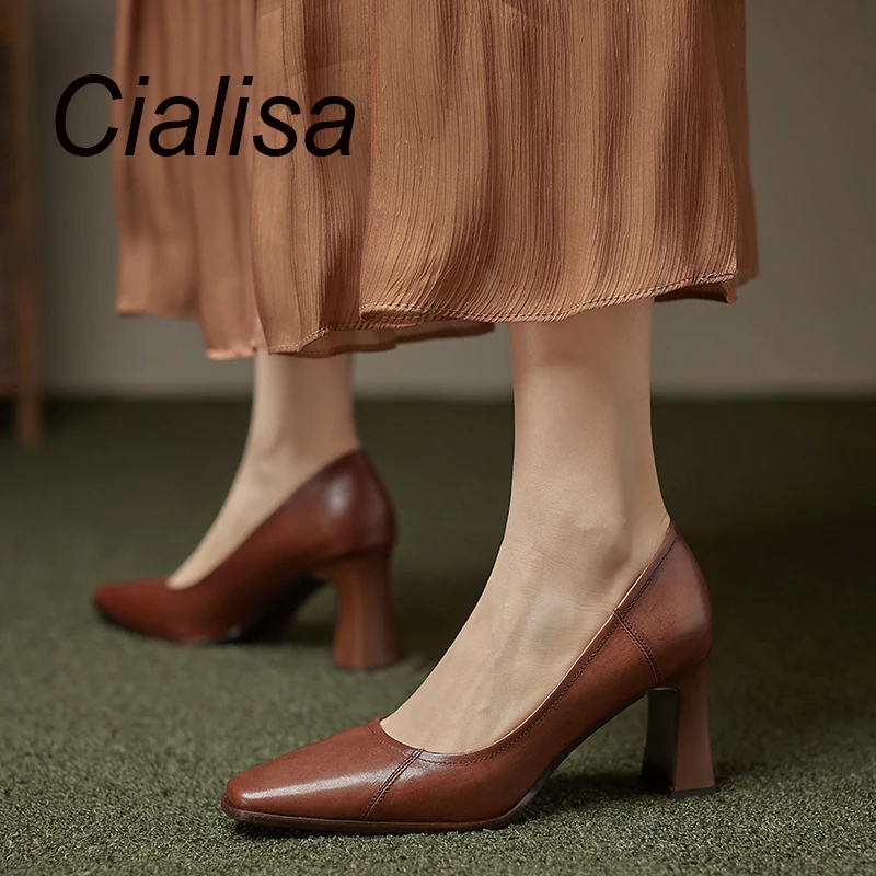 

Женские винтажные туфли-лодочки Cialisa, туфли из натуральной кожи с квадратным носком, Элегантная классическая коричневая обувь на высоком каблуке без застежки, весна 2023