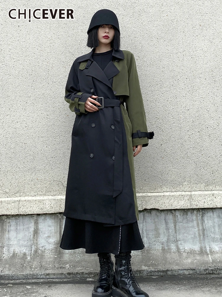 

CHICEVER Hit Color Trench For Women Lapel Long Sleeve Patchwork Single Breasted Casual Loose Windbreaker Female Autumn Clothing