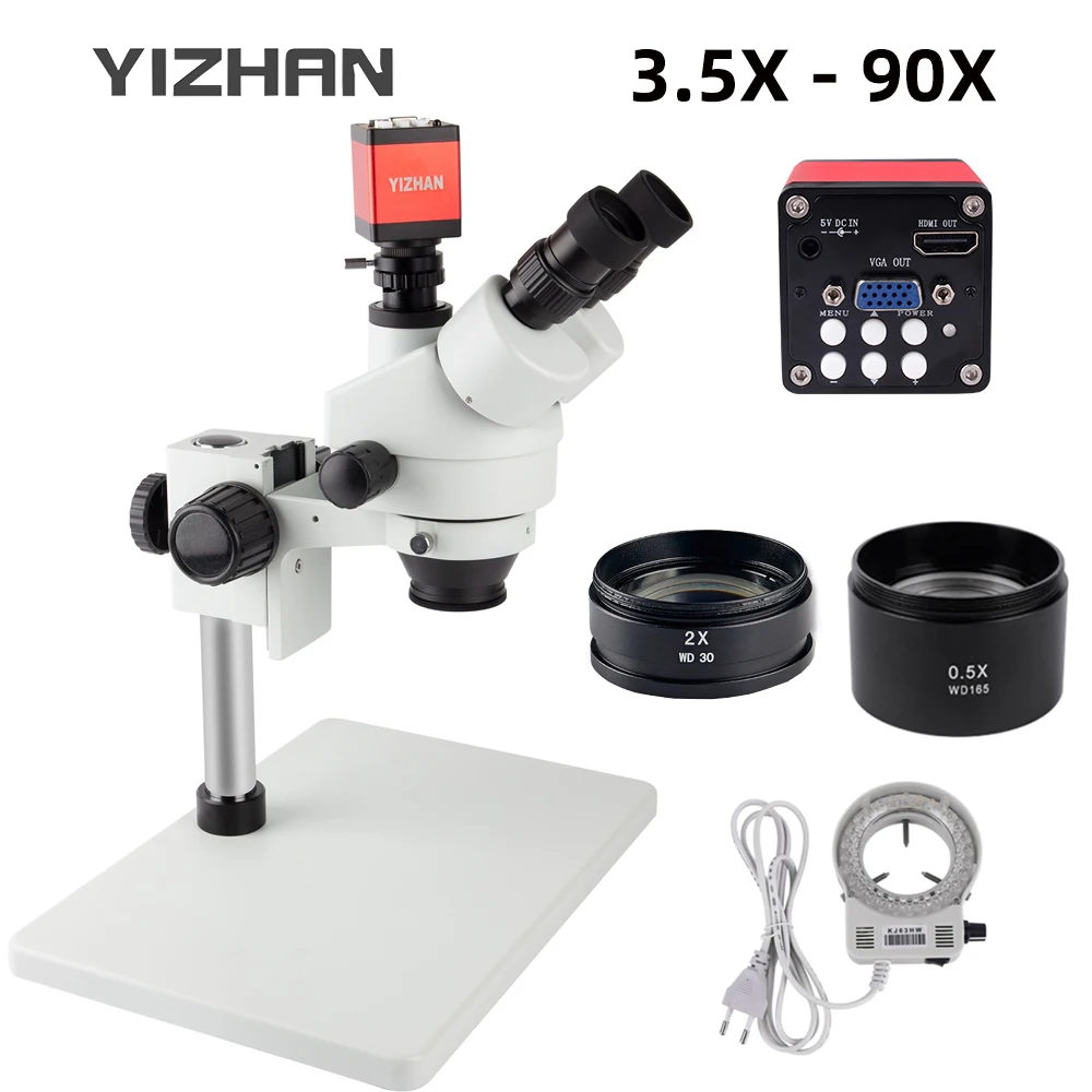 

Профессиональный Тринокулярный стереомикроскоп YIZHAN, мультифокальный 3,5x-90X, HDMI, VGA, 13MP, 8MP, SONY IMX307, камера для пайки печатных плат