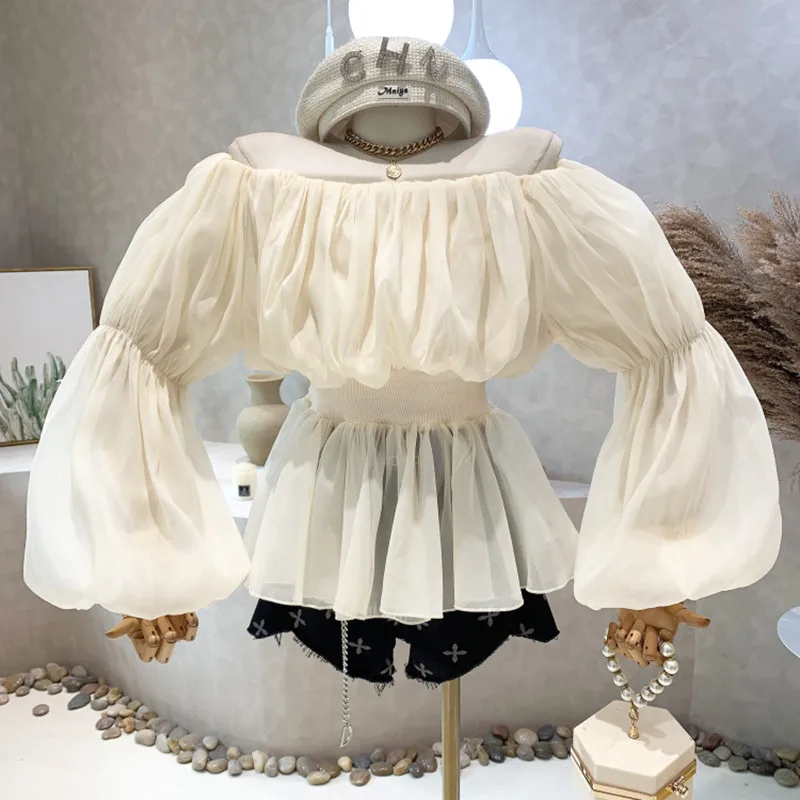 

Niche Design New Women's Clothing 2022 Spring Pleated Sweet Lantern Sleeve Off Shoulder Mesh Long Sleeve Tops Feminine Blouses