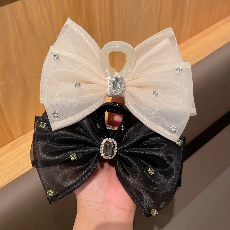 

New Korean Style Bow Knot Mesh Large Shark Clip High grade Water Diamond Inlaid Disc Hair Clip Women's Back Head Clamping Clip