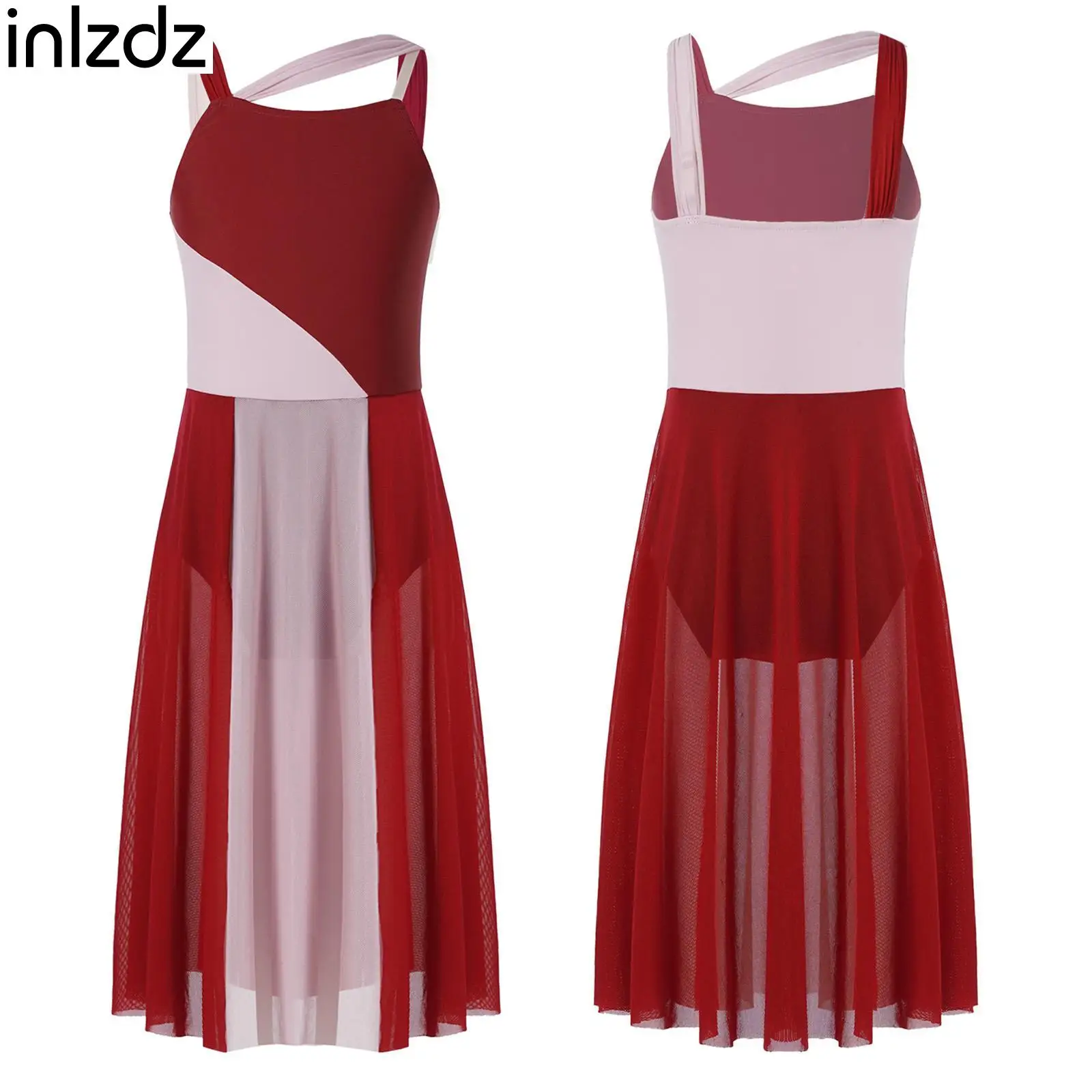 

inIzdz Kids Girls Sleeveless Color Block Spandex Mesh Long Modern Dance Dress Shoulder Straps Breathable Lyrical Dancing Dresses