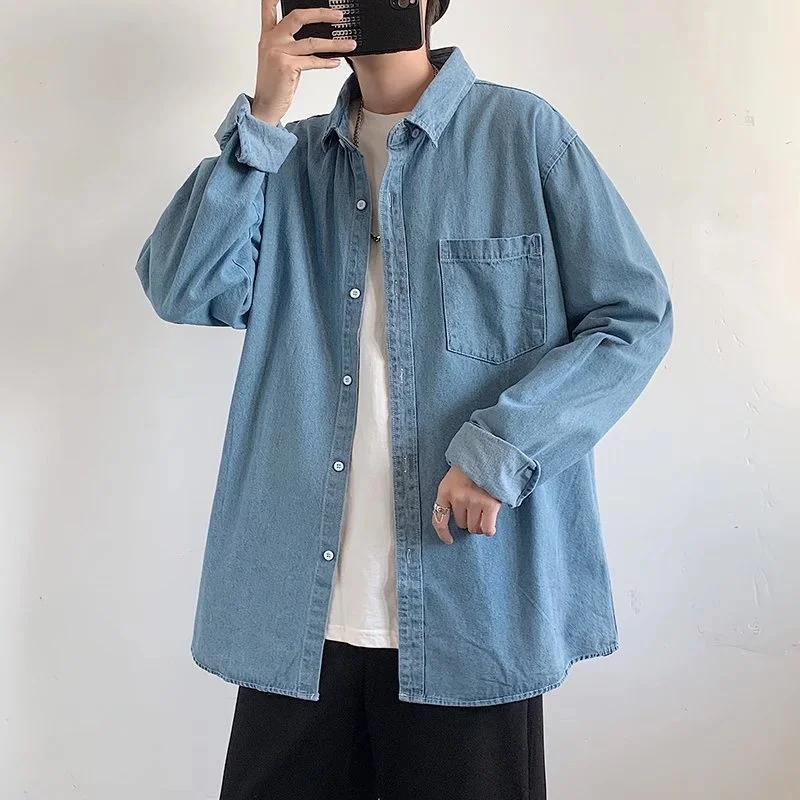 

2023 New Korean Fashion Blue Denim Coat Men's Long Sleeve Loose Fit Handsome Jacket Male Turn Collar Casual All-match Shirt