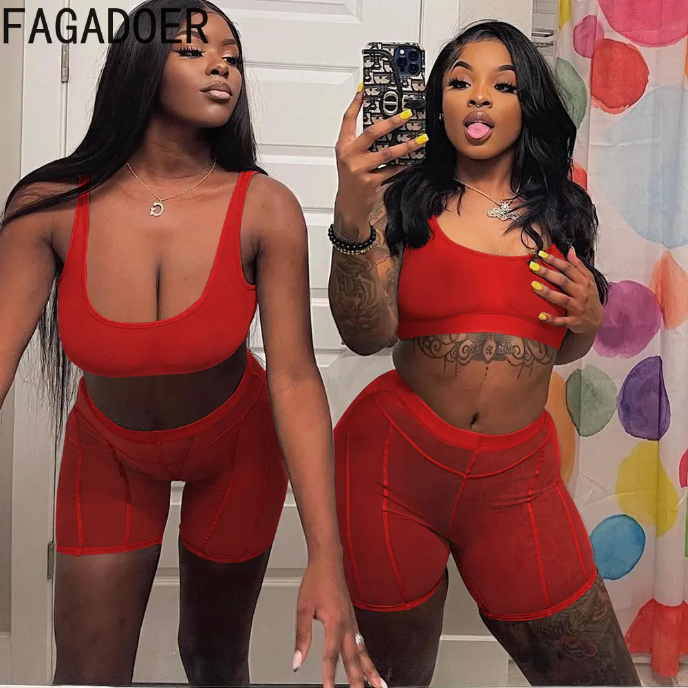 

FAGADOER Sexy Mesh Perspective Biker Shorts Two Piece Sets Women Thin Strap Crop Top + Short Tracksuits 2023 Female 2pcs Outfits