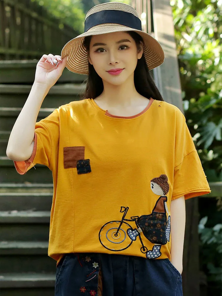 

2023 Модные женские повседневные хлопковые топы с мультяшным рисунком, весенние женские винтажные футболки в Корейском стиле с дырками, свободная классическая одежда