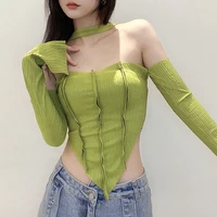 dourbesty 90s womens crop tops halter neck off shoulder cutout long sleeve solid color t shirt 00s sexy fashion streetwear
