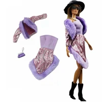30cm doll outfits set purple fur neck coat jacket dress for barbie clothes for barbie dollhouse accessories girl toys for kids