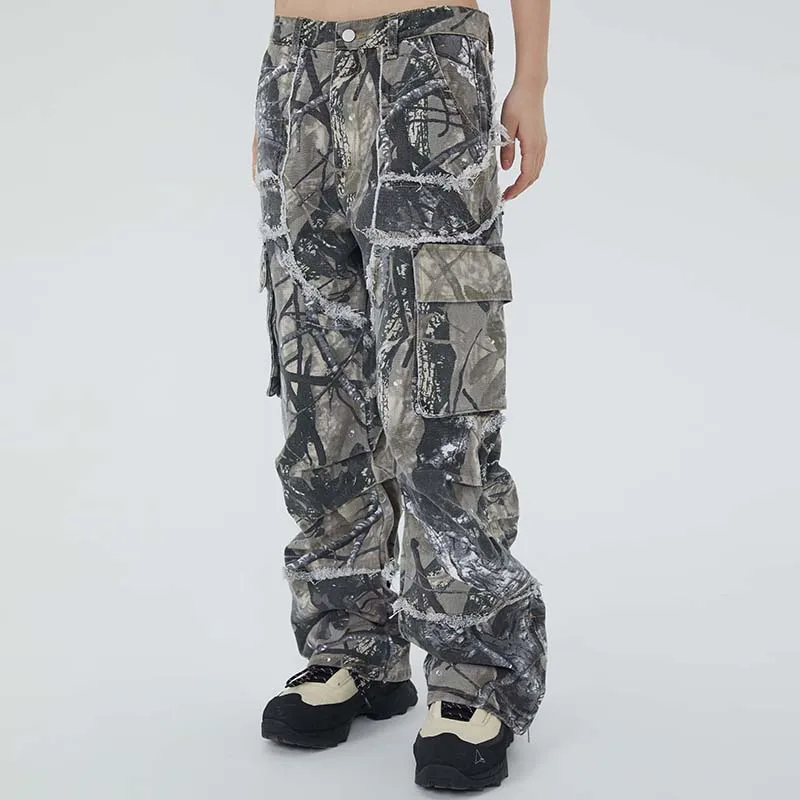 

Брюки-карго камуфляжные потертые с карманами для мужчин и женщин, Повседневный Ретро комбинезон в стиле пэчворк с широкими штанинами, прямы...