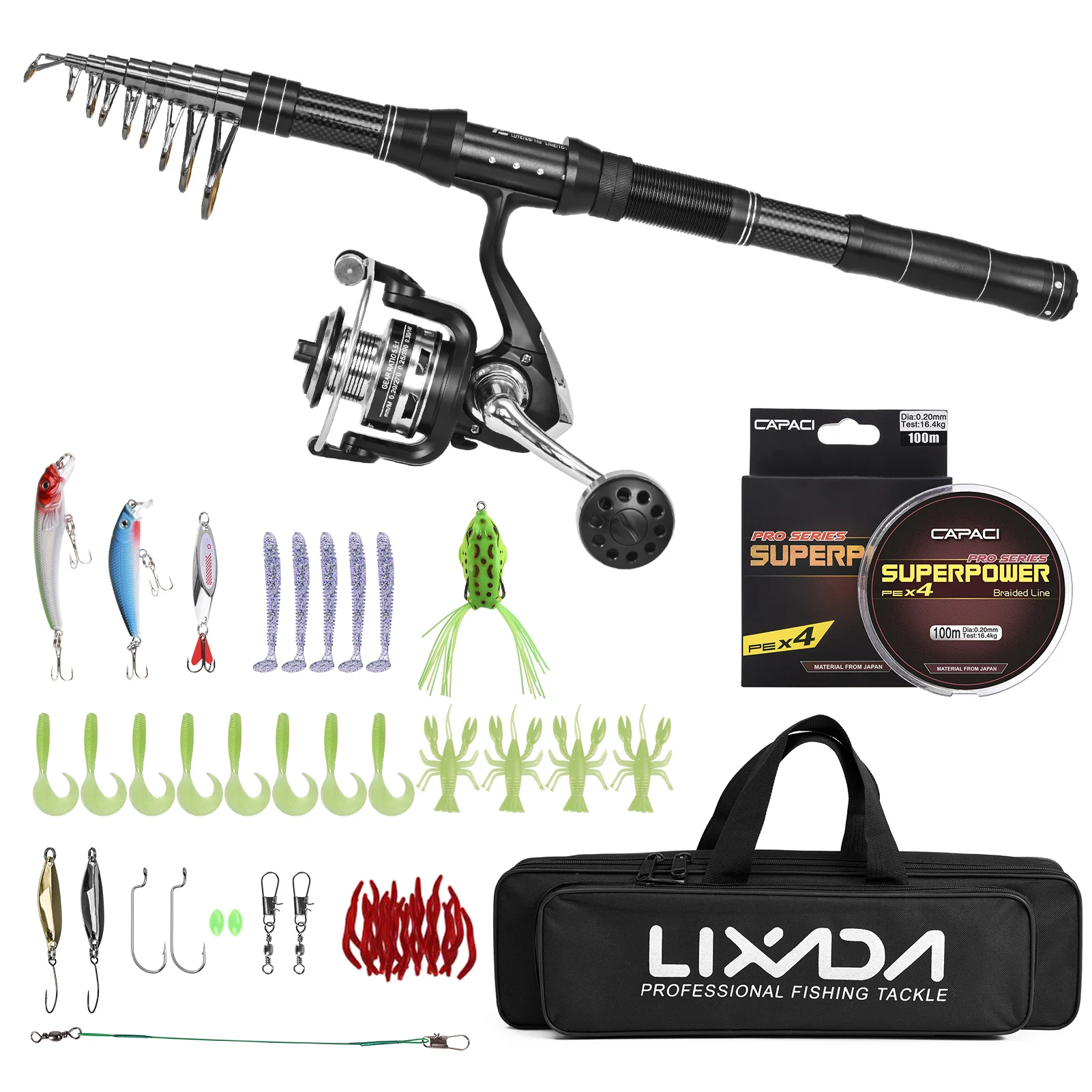 

Fishing Rod and Reel Combos Telescopic with Spinning Reel Combo Kit Fishing Line Lures Hooks Set with Carry Bag