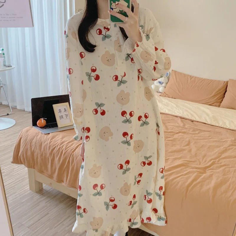 

2022 Spring Fashion Women's Casual Lovely Print Kawai Nightdress Nightgown Pajamas Set Rabbit Bear Cherry Lotus Sleeves