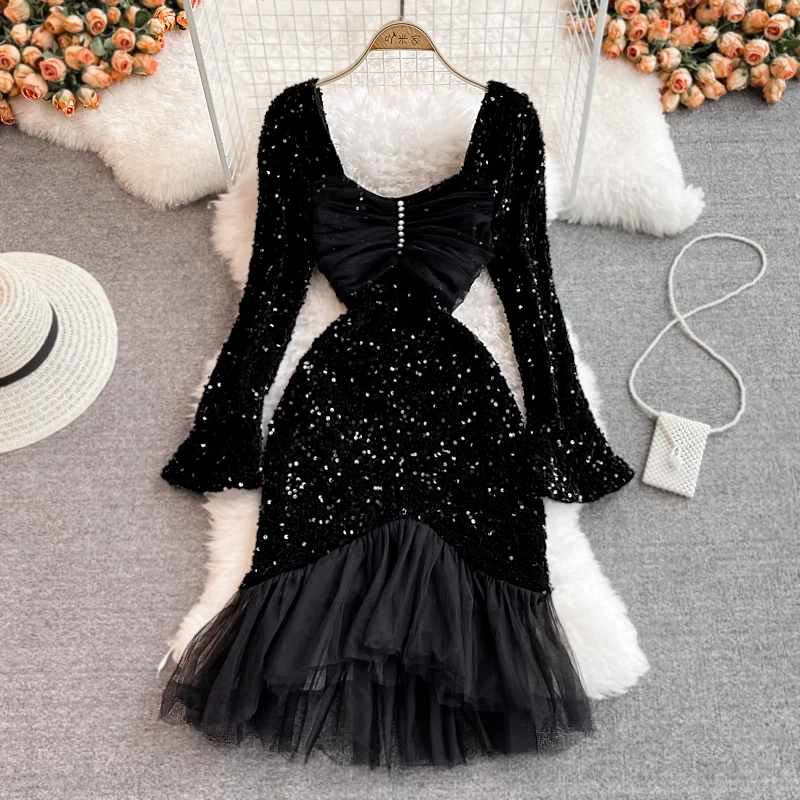 

Fashion Women Sequins Dresses Square Collar Long Sleeve Mesh Tulle Patchwork Sequined Party Vestido Female Mermaid Dress