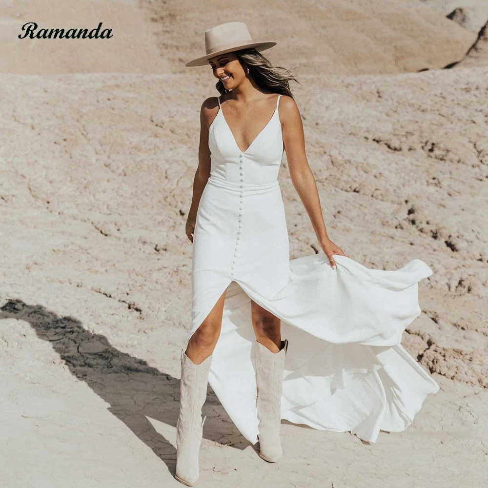 Ramanda Elegante Spalline Per Spaghetti Abito Da Sposa V-Line Fessura Centrale Abiti Da Sposa Fiocco A-Line Backless Princess Vestido Noiva