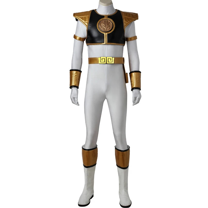 

White Ranger Costume Halloween Cosplay Tommy Oliver Jumpsuit Zyuranger Uniform Tyranno Ranger Jumpsuit Spandex Bodysuit