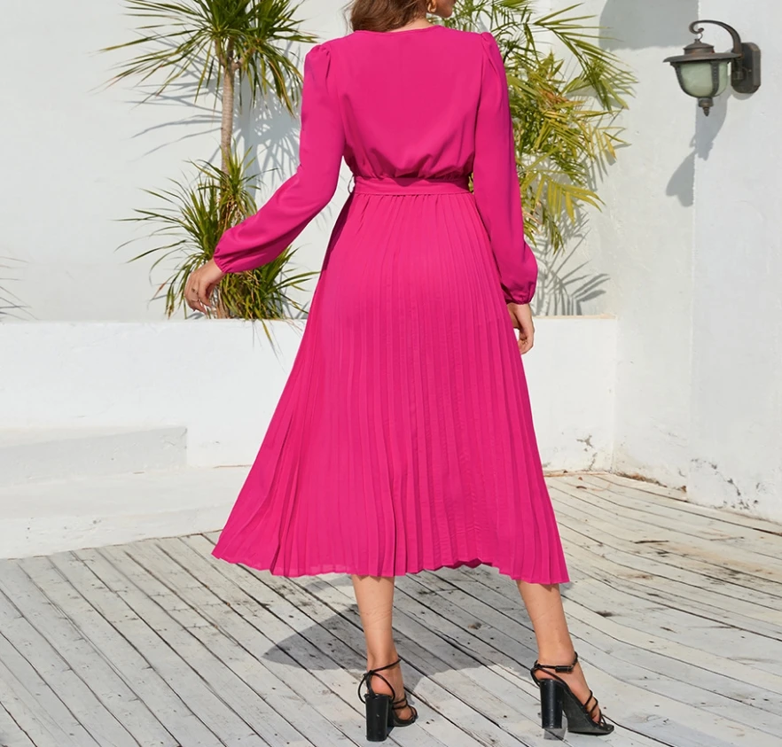 Modna dopasowana temperamentna kołnierzyk w kształcie litery V koronkowa plisowana sukienka dla kobiet 2024 wiosna jesień spódnica A z