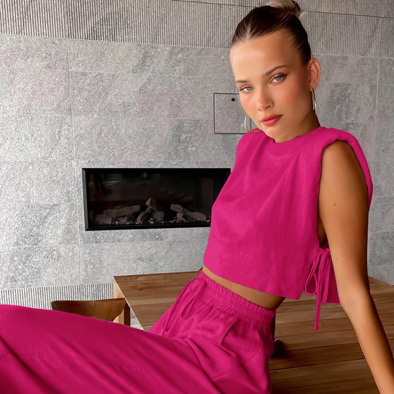 

Fashion Two Piece Pants Set Women 2023 New Sleeveless Shoulder Pad Blouse and Loose Fitting Pants Summer Casual Women's Pant Set