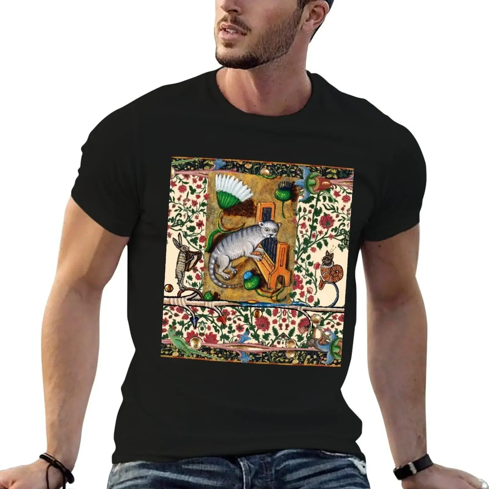 WEIRD MEDIEVAL BESTIARY MAKING MUSIC Cat Playing Organ Harpist Rabbit Snail T-Shirt футболка с рисунком мужская одежда