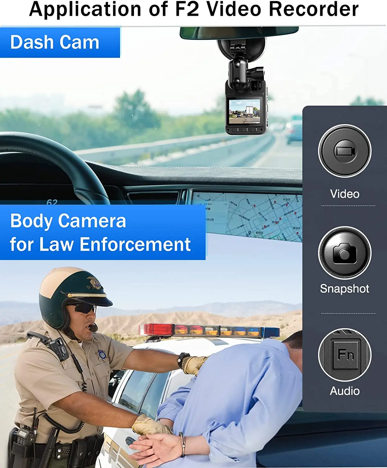 BOBLOV F2 2K Body Camera GPS&ampWiFi 128GB Worn Dual IPS Screens 8-10H Recording Mounted Cam with Car Suction |