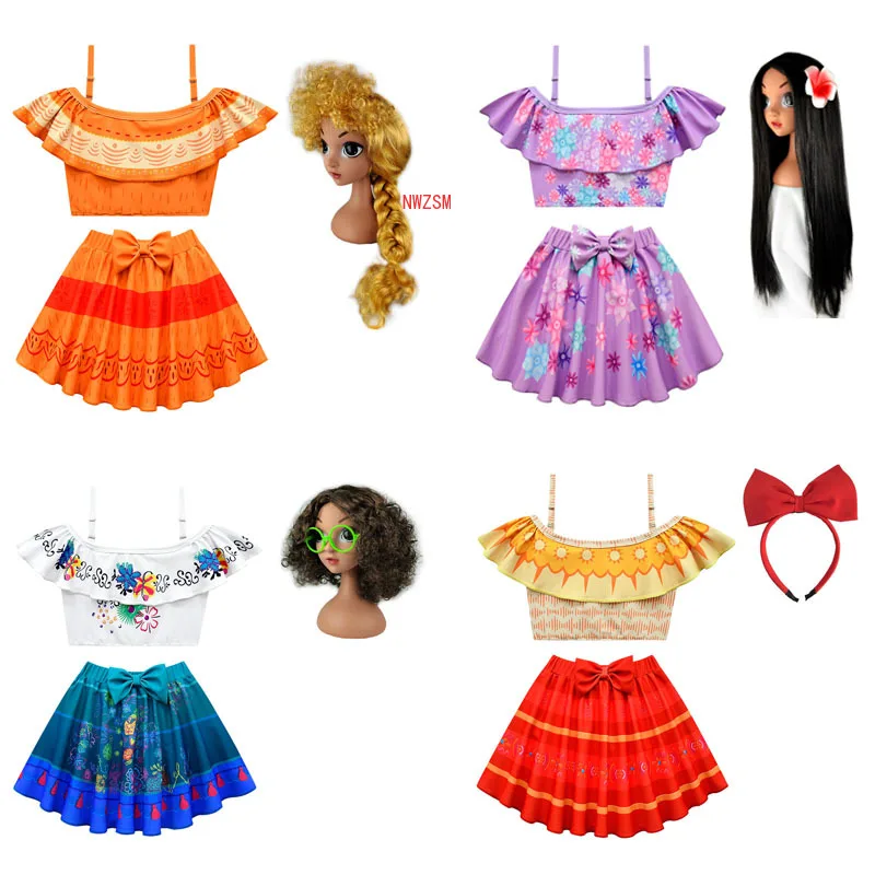 

Summer Charm New movie Encanto Cosplay Girls Swimsuit Set One Shoulder Children Swimsuit Two Piece Set 3-10 years wig glasses
