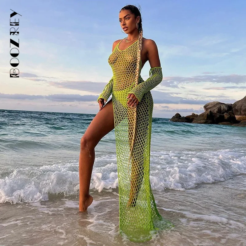 

BoozRey Hook Flower Hollow Beach Smock Sexy Mesh See-through Dress 2022 Summer Suspenders Backless Split Maxi Dresses for Women