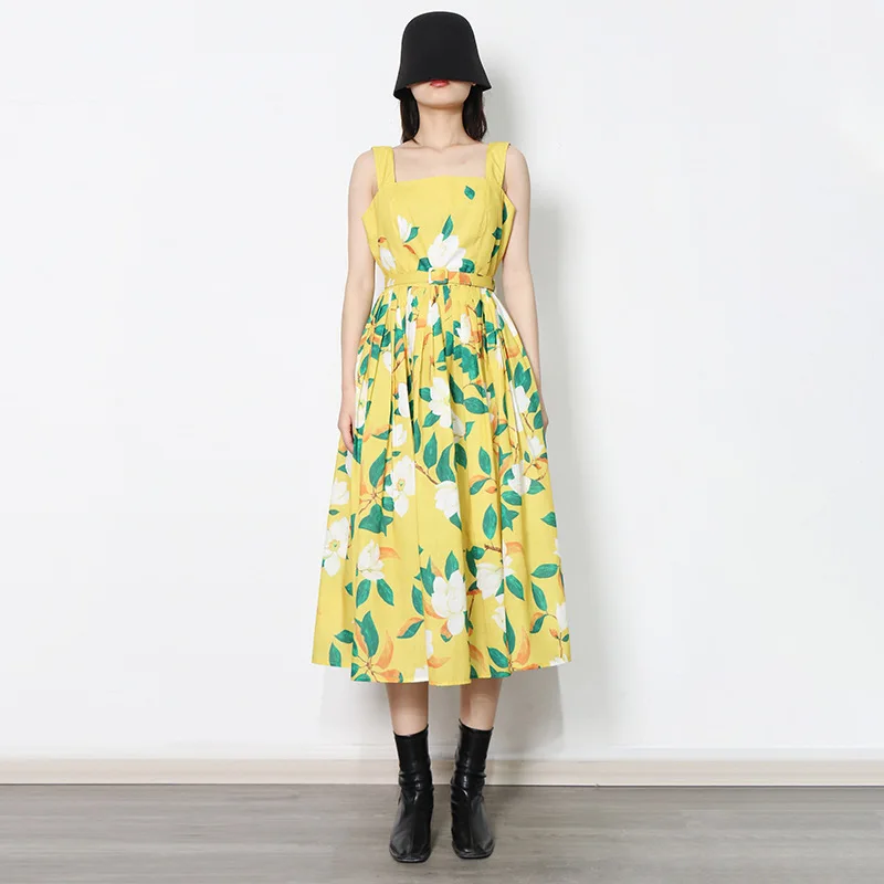 

Женское драпированное платье на бретельках, желтое длинное платье до середины икры без рукавов с цветочным принтом, лето 2022