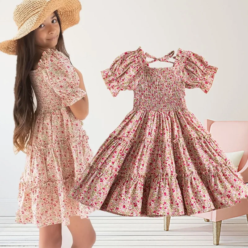 

Floral Printing Princess Dress For Girls Summer Smocked Casual Wear Holiday Party Dress Children Clothing Wedding Party Vestidos