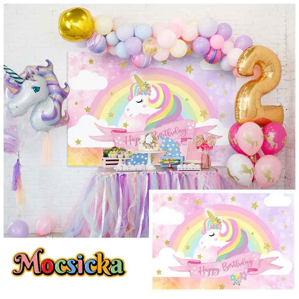 

Mocsicka Unicorn Birthday Backdrop Rainbow Unicorn Star Pink Girl Birthday Party Background Decor Studio Photocall Custom Banner