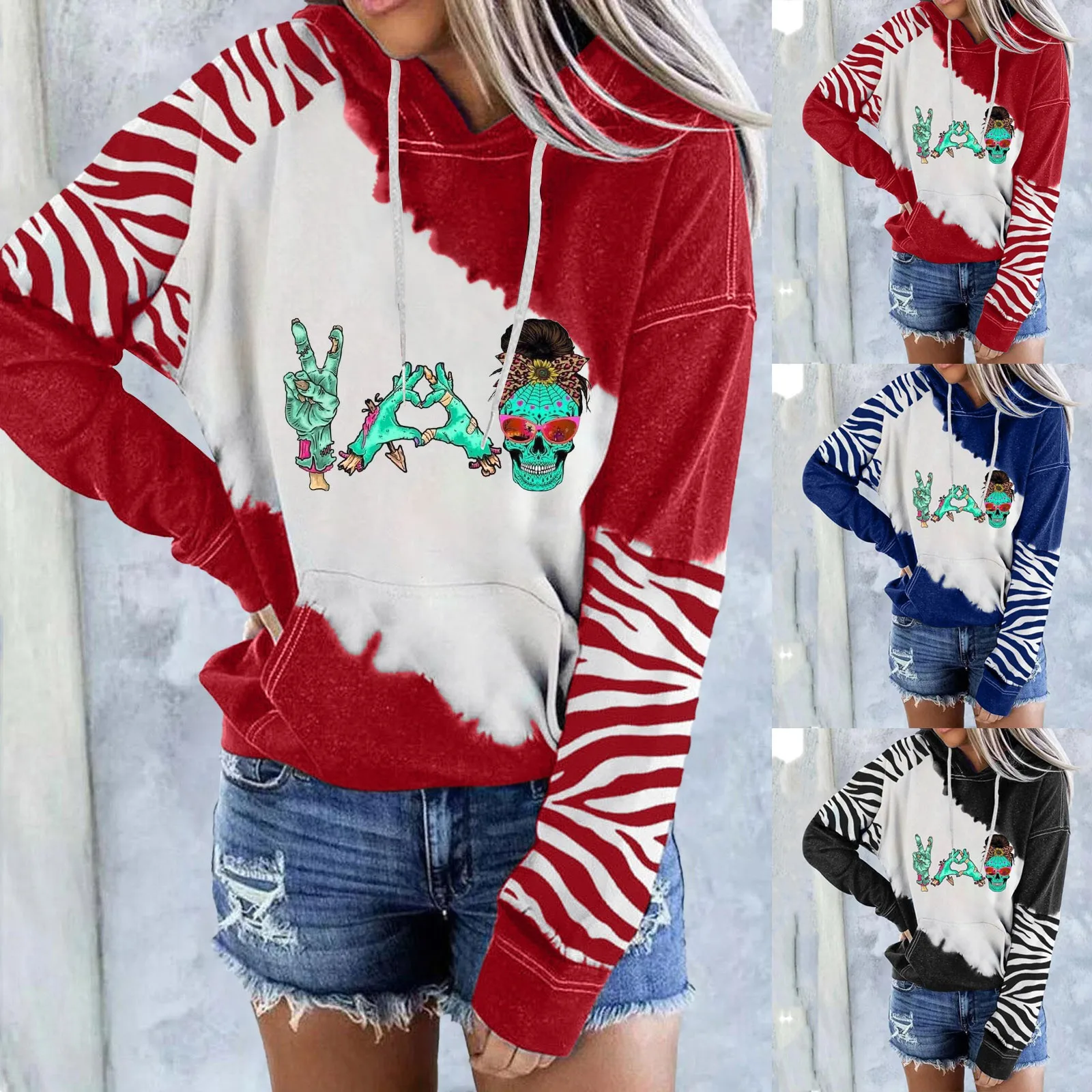 

Halloween Everyday Print Long Sleeve Sweatshirt Women's Hooded Drawstring Zip up Women Hoodie Long Zipper Hoodies Women