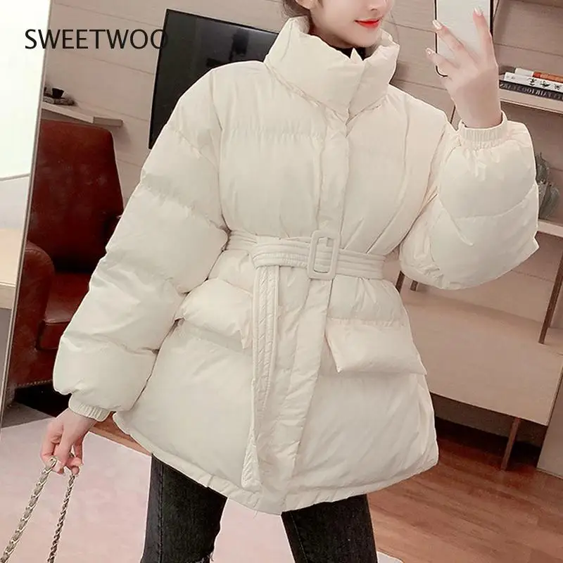 Winter Coat Ladies Parker Coat Shiny Surface Warmth Thick Thick Cotton Casual Loose Women Jacket Ladies Belted Jacket 2022 New