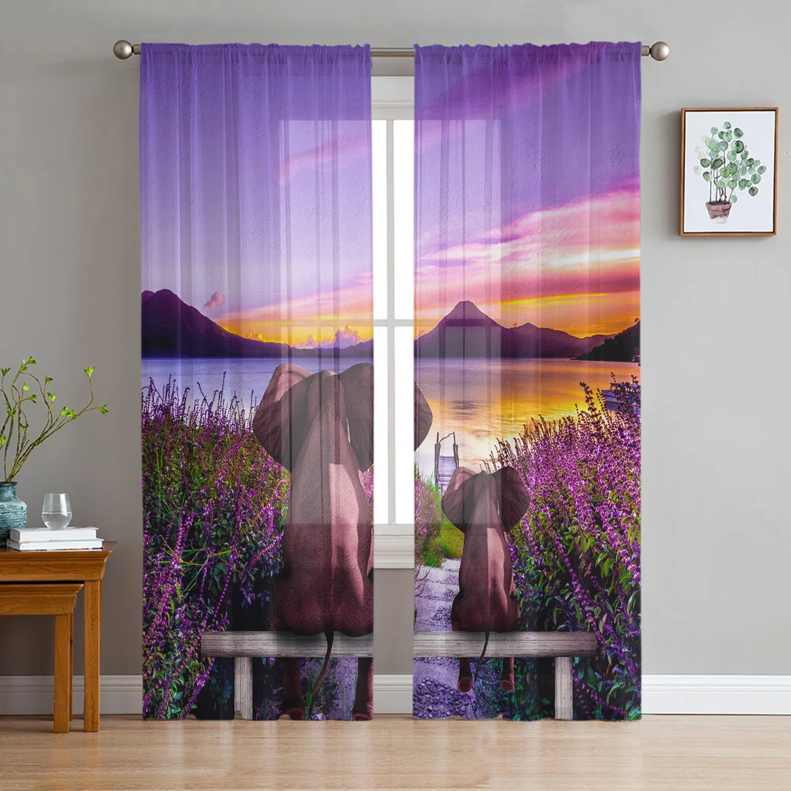 

Шифоновые тюлевые шторы с изображением слона лаванды, заката, для гостиной, спальни, украшение, прозрачная вуаль, оконные шторы, занавески