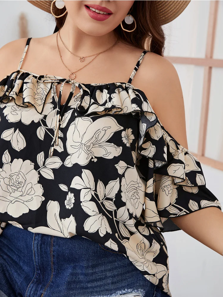 Plus-size shirt temperament, commuter collar, suspenders, fashion print, women's lapels, chiffon plus size feminino