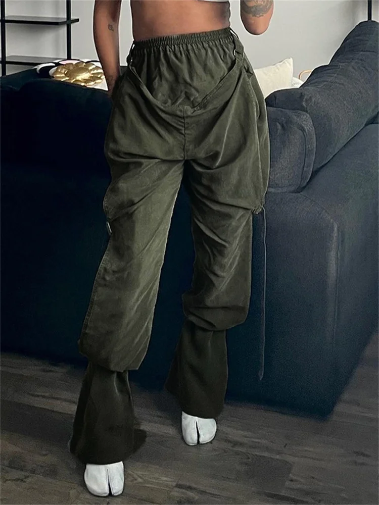 

Habbris Autumn Casual Cargo Pants Party Outfit For Women 2022 Solid Low Waist Baggy Long Pants Female Green Bandage Trousers