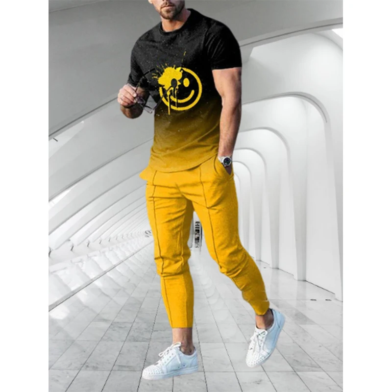 Men's Tracksuit 2 Piece Outfit Set Fashion Hip Hop 3D Smiling Face Printed Sportwear Suit Oversized Men Clothing Jogging Set