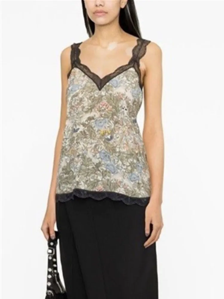 

Summer 2023 Women 100% Viscose Camisole Lace Trim Skull Butterfly Floral Print Sexy Sleeveless V-neck Female Sling Tops
