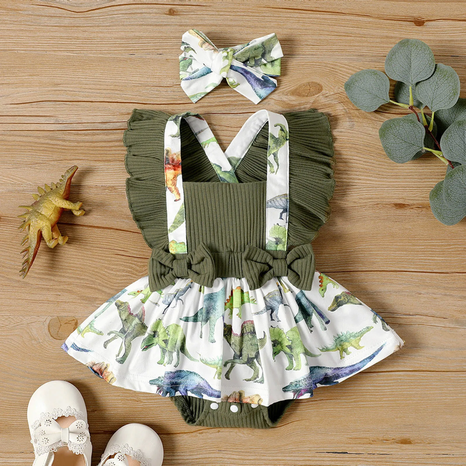 

Infant Girls Romper Dress Baby Fly Sleeve Bowknot Cartoon Dinosaur Prints Backless Newborn Bodysuits Jumpsuits+Headbands Outfits