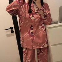 kawaii disney lotso women pajamas set cute cartoon cardigan long sleeve sleepwear ladies home service 2 piece pajamas gift